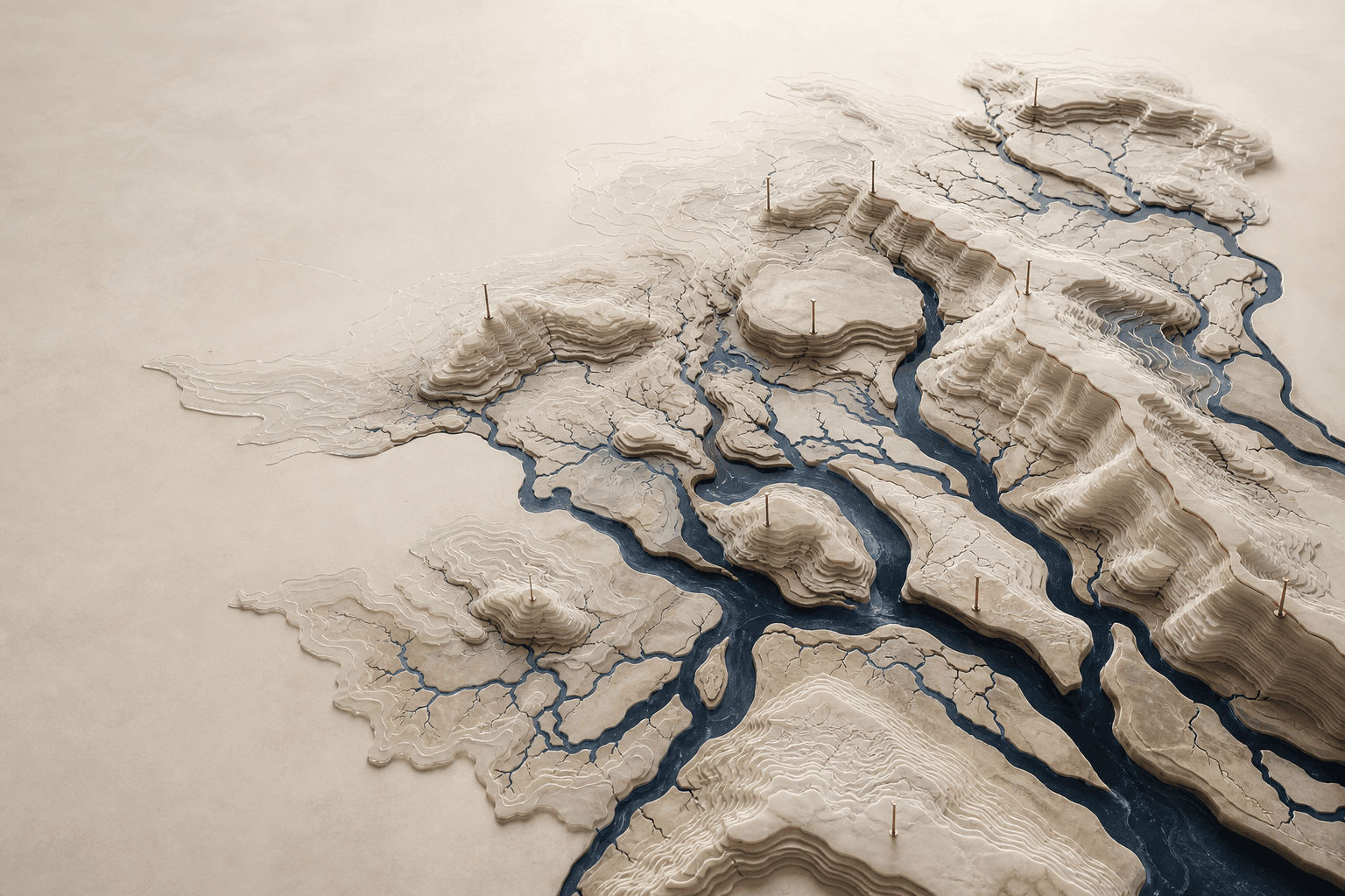 Escultura cartográfica em relevo com canais azul-petróleo e camadas minerais