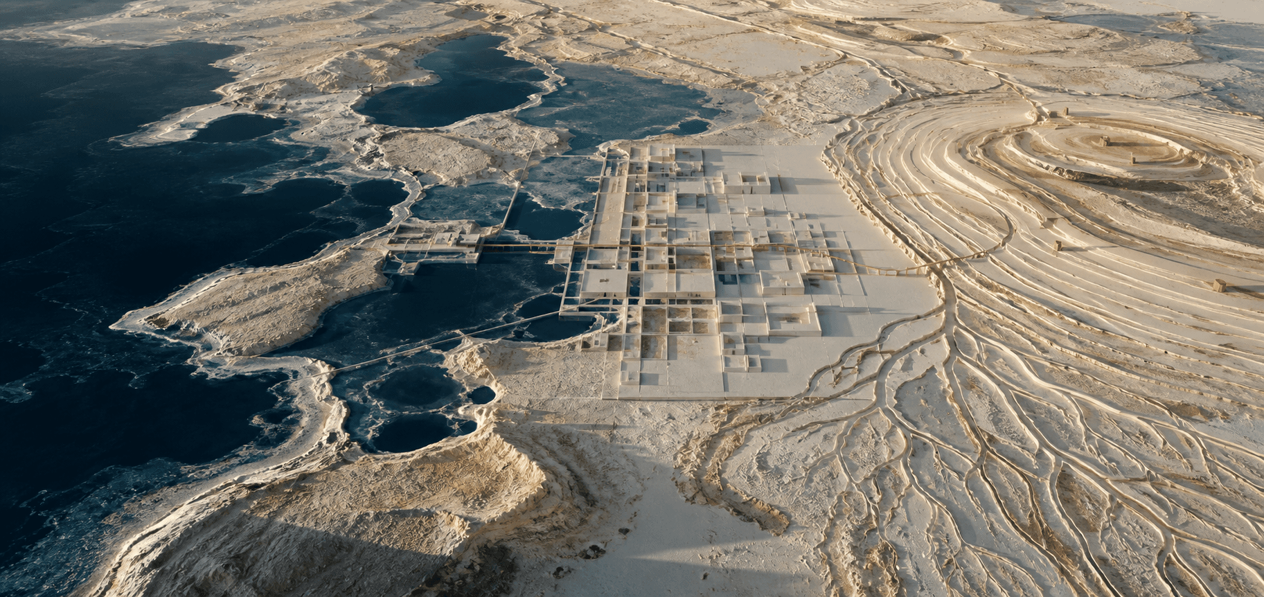 Paisagem conceitual que reúne água, arquitetura e terraços minerais